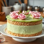 Classic Swedish Princess Cake with green marzipan dome, pink marzipan rose, and powdered sugar dusting, served on a white plate.