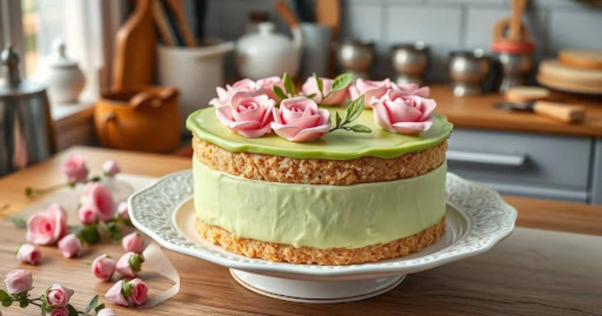 Classic Swedish Princess Cake with green marzipan dome, pink marzipan rose, and powdered sugar dusting, served on a white plate.