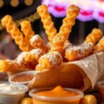Crispy funnel cake fries sprinkled with powdered sugar on a plate, served with sweet dipping sauces.