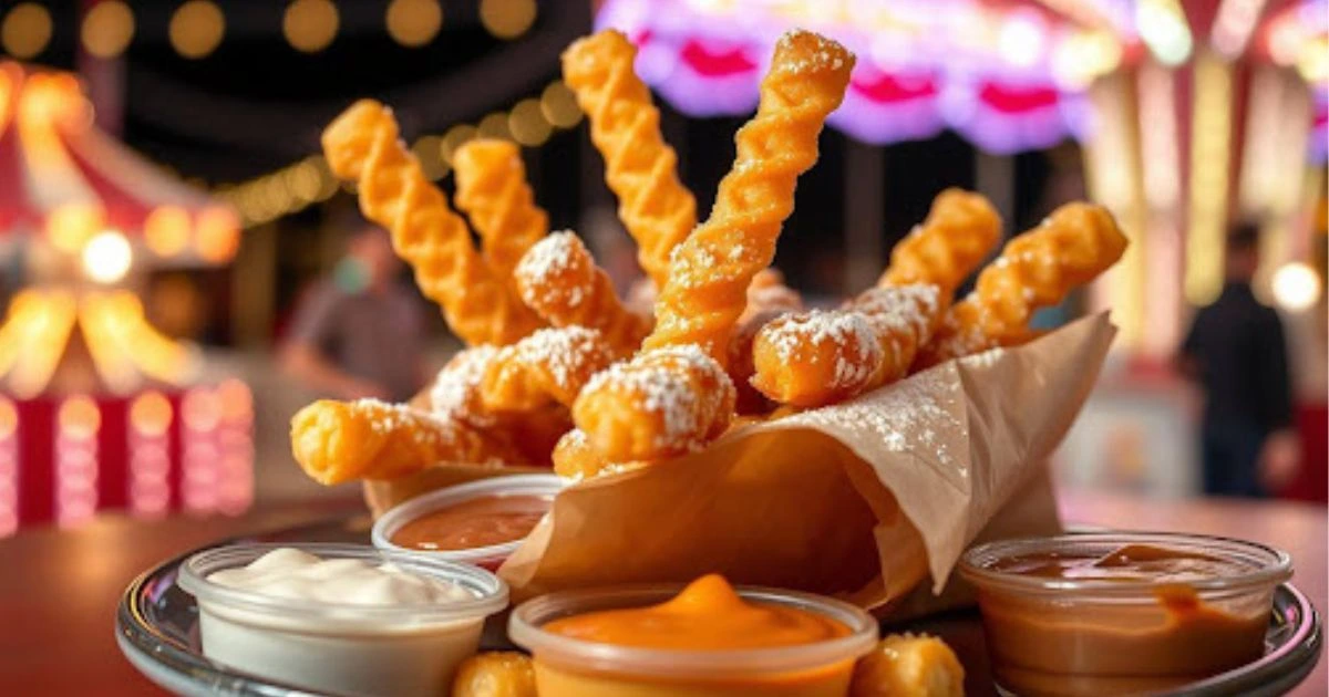 Crispy funnel cake fries sprinkled with powdered sugar on a plate, served with sweet dipping sauces.