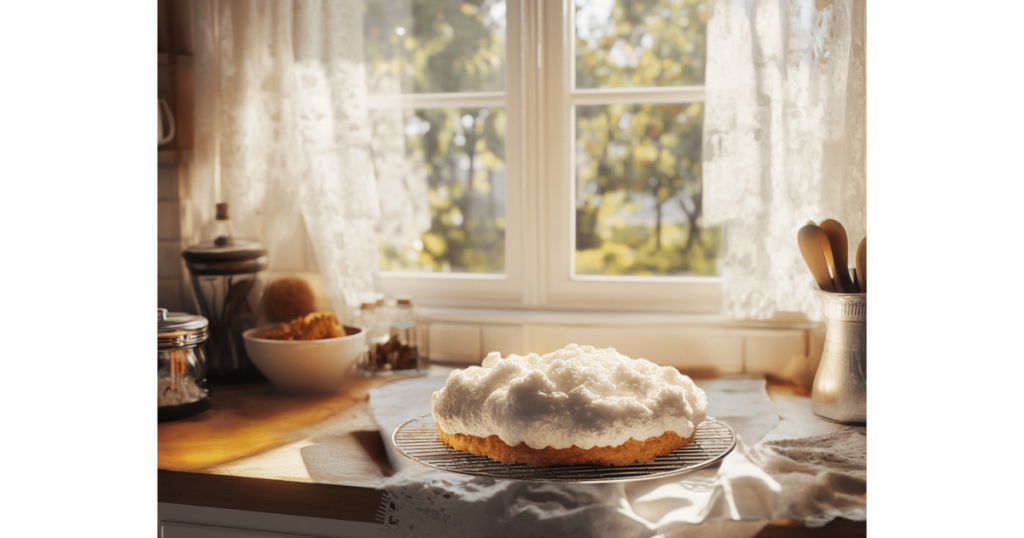 A freshly baked cloud cake cooling on a wire rack, with a golden-brown surface, on a marble countertop.