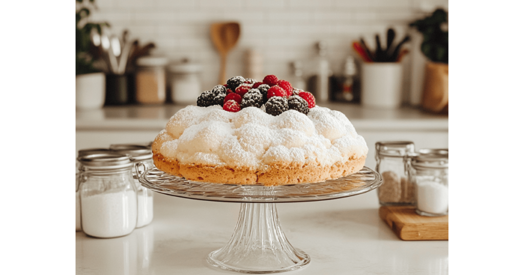 A beautifully baked cloud cake on a white ceramic stand, lightly dusted with powdered sugar and garnished with strawberries, in a modern, minimalist kitchen.