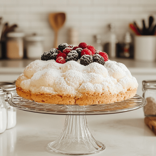 A beautifully baked cloud cake on a white ceramic stand, lightly dusted with powdered sugar and garnished with strawberries, in a modern, minimalist kitchen.