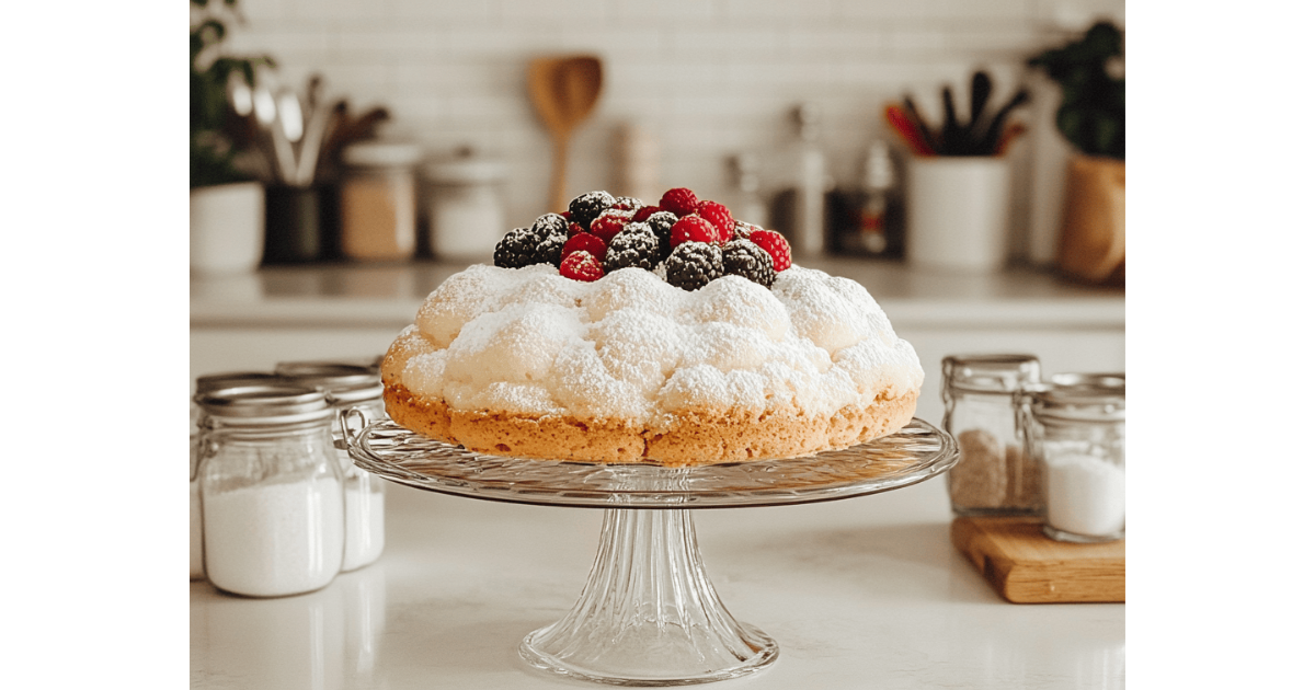 A beautifully baked cloud cake on a white ceramic stand, lightly dusted with powdered sugar and garnished with strawberries, in a modern, minimalist kitchen.