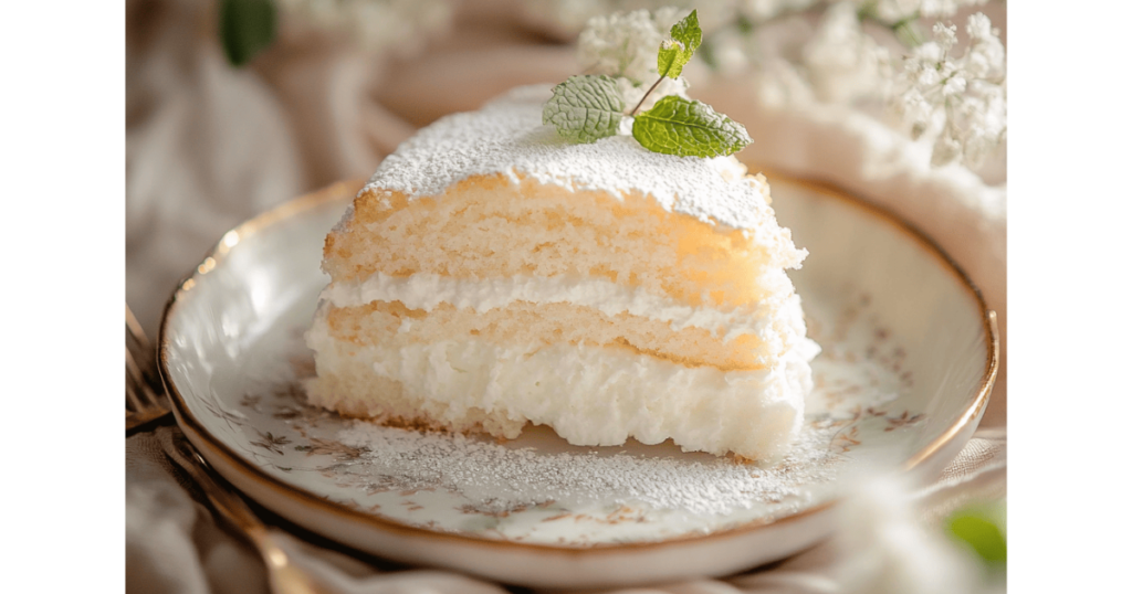 A cloud cake displayed on a white ceramic stand with a slice revealing its fluffy texture, garnished with honey and fresh berries.