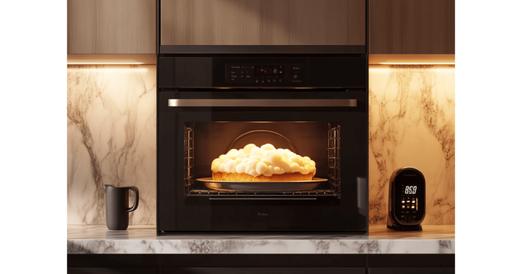 A cloud cake rising in a modern oven, with golden edges visible through the glass oven door.