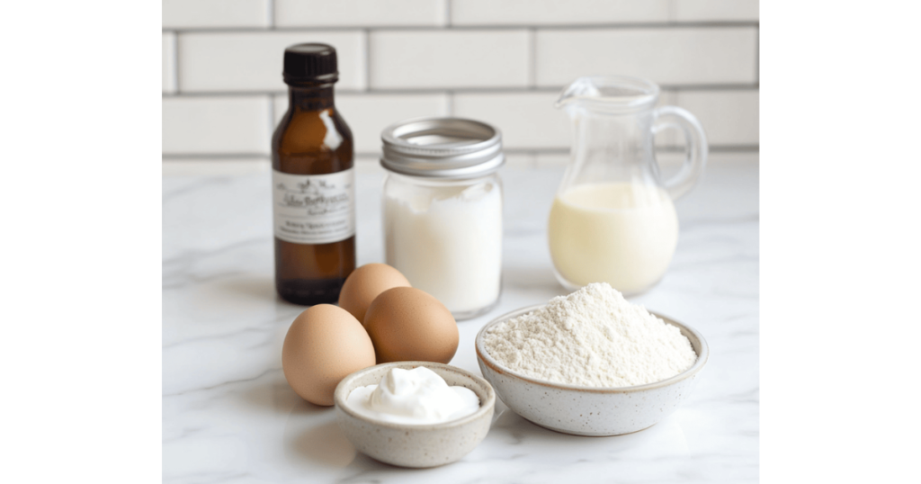 Ingredients for goade cake, including separated egg whites and yolks, sugar, flour, and cream in glass bowls, on a clean marble countertop.