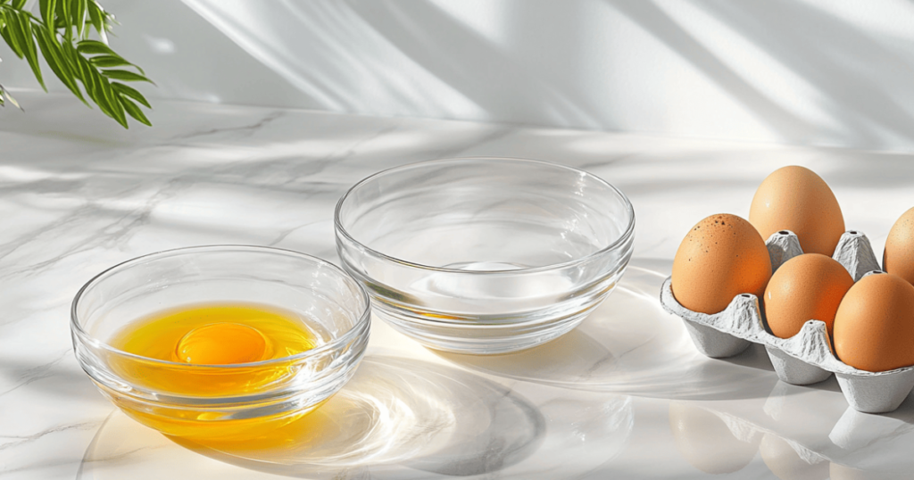 Two glass bowls with separated egg whites and yolks, alongside an egg separator and a carton of eggs on a marble countertop.