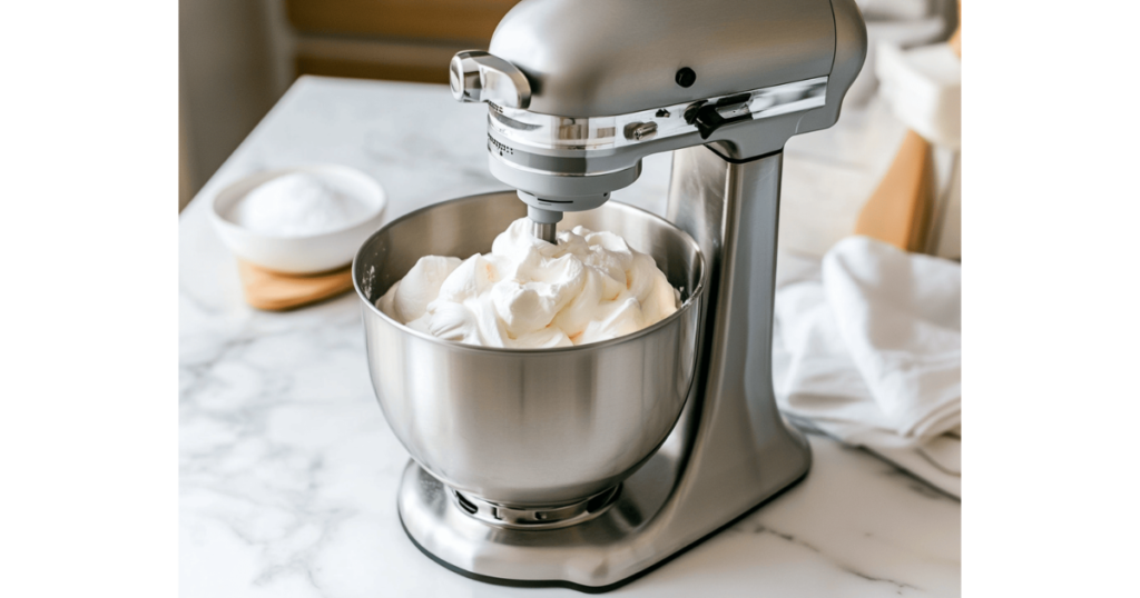 Soft peaks forming in a stand mixer bowl as egg whites are whipped to perfection, with a bowl of sugar and a clean towel nearby.