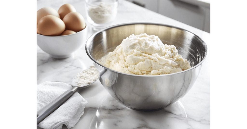 Cloud cake batter in a mixing bowl, with visible streaks of folded egg whites, alongside a spatula and sifted flour on a marble countertop.