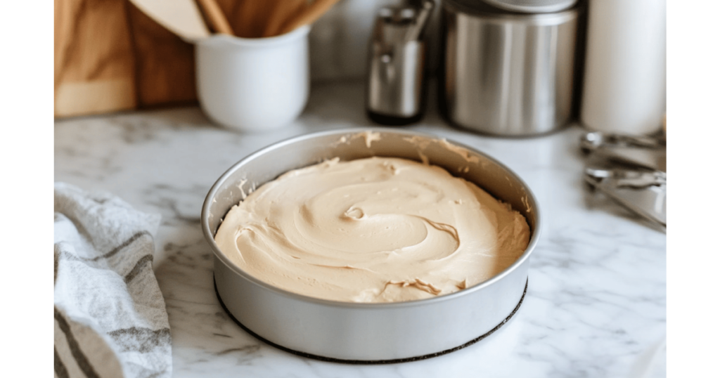 A round springform pan lined with parchment paper filled with smooth cloud cake batter, on a clean marble countertop.