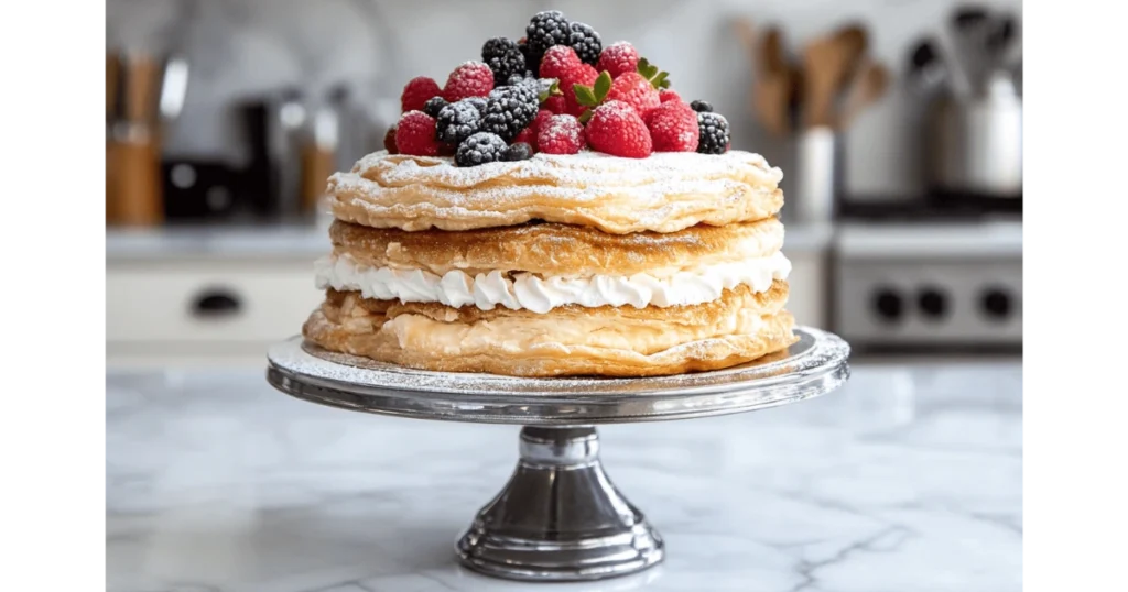 A completed milhojas cake garnished with powdered sugar and fresh berries on a cake stand in a luxury kitchen