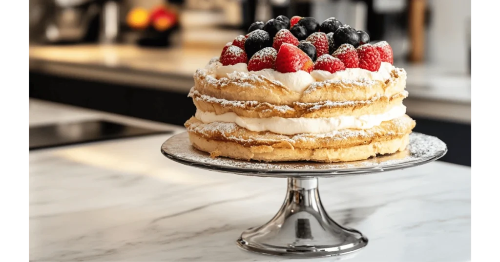 A completed milhojas cake garnished with powdered sugar and fresh berries on a cake stand in a luxury kitchen.