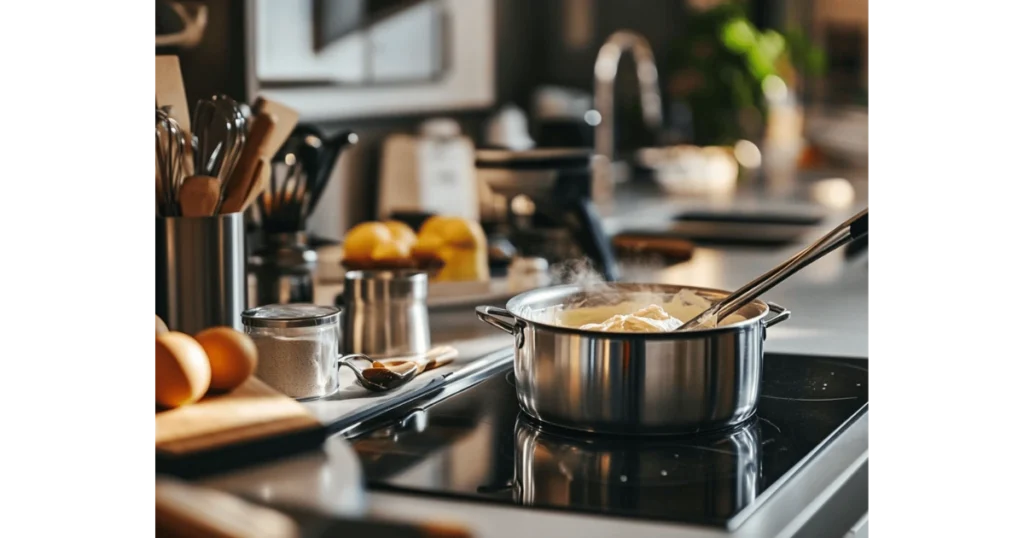 Pastry cream being stirred in a saucepan in a sleek, modern kitchen with organized tools.