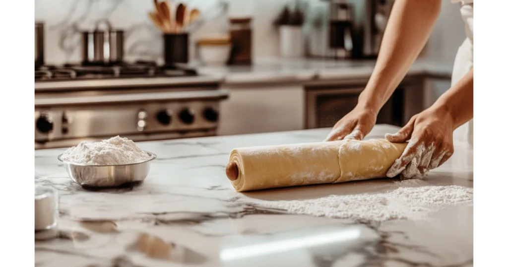 A baker rolling out puff pastry on a marble countertop in a luxury kitchen with modern tools.