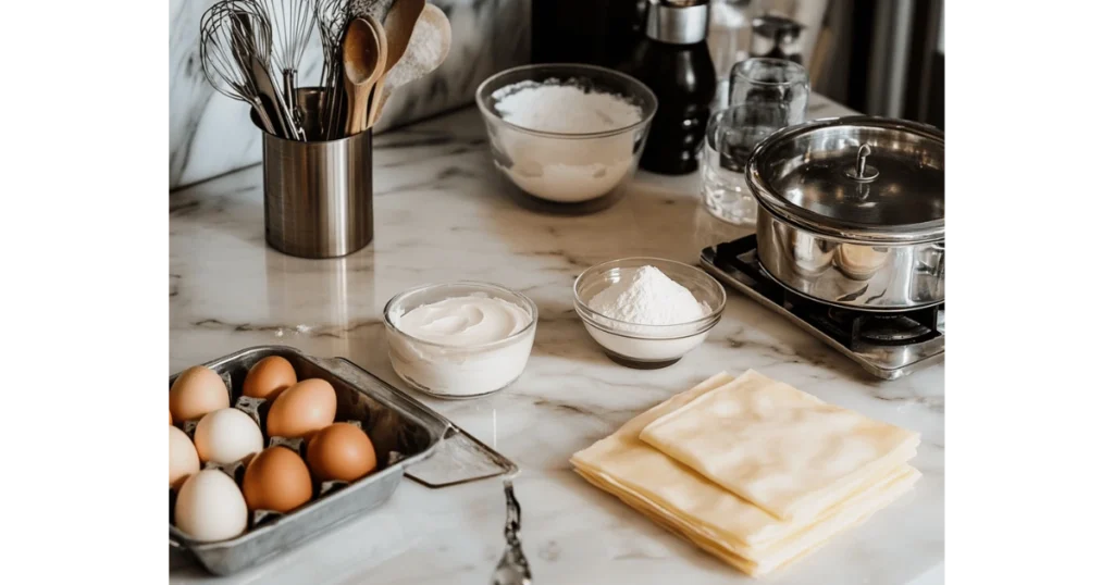 Ingredients for milhojas cake neatly arranged in a luxury kitchen, including puff pastry, eggs, sugar, and milk.