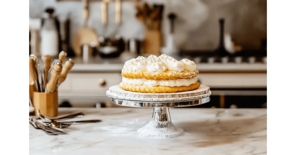 A baker assembling milhojas cake layers with puff pastry and pastry cream on a marble countertop.