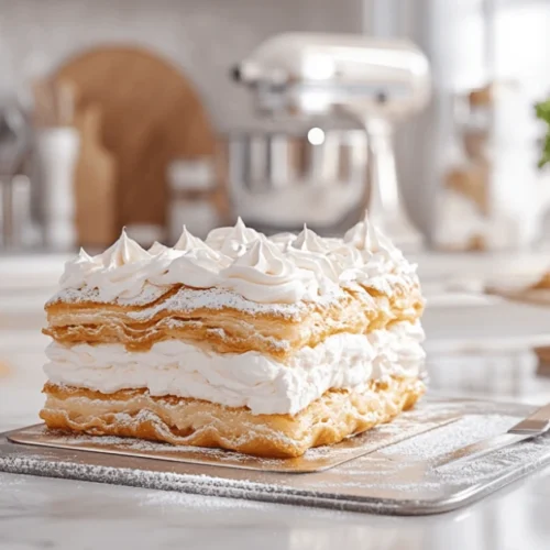 A beautifully layered milhojas cake on a marble countertop in a luxury kitchen with modern tools.