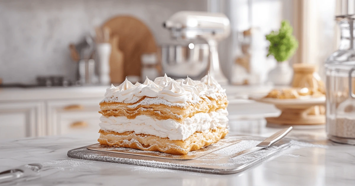 A beautifully layered milhojas cake on a marble countertop in a luxury kitchen with modern tools.