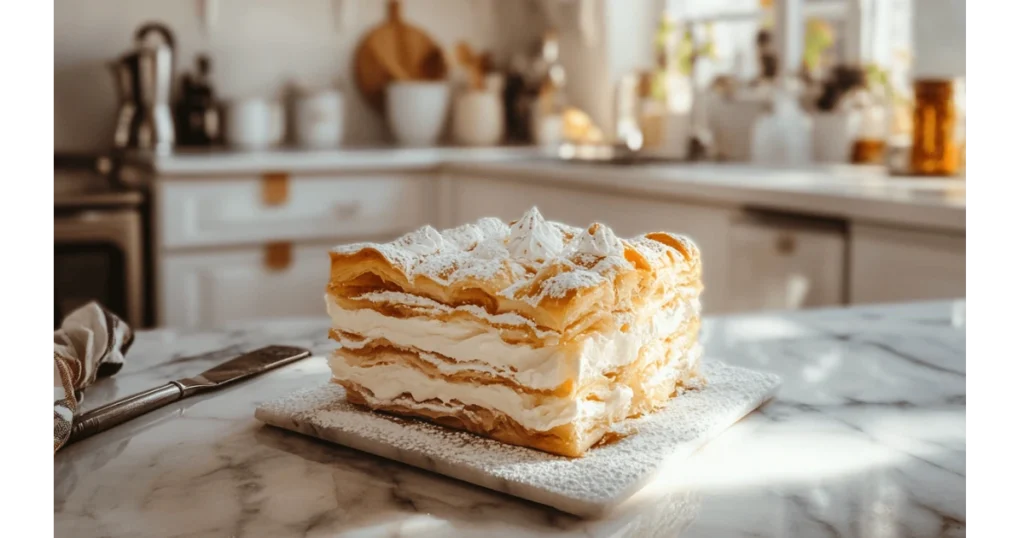 A beautifully layered milhojas cake on a marble countertop in a luxury kitchen with modern tools.