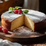 Golden almond flour cake topped with powdered sugar and lemon zest.