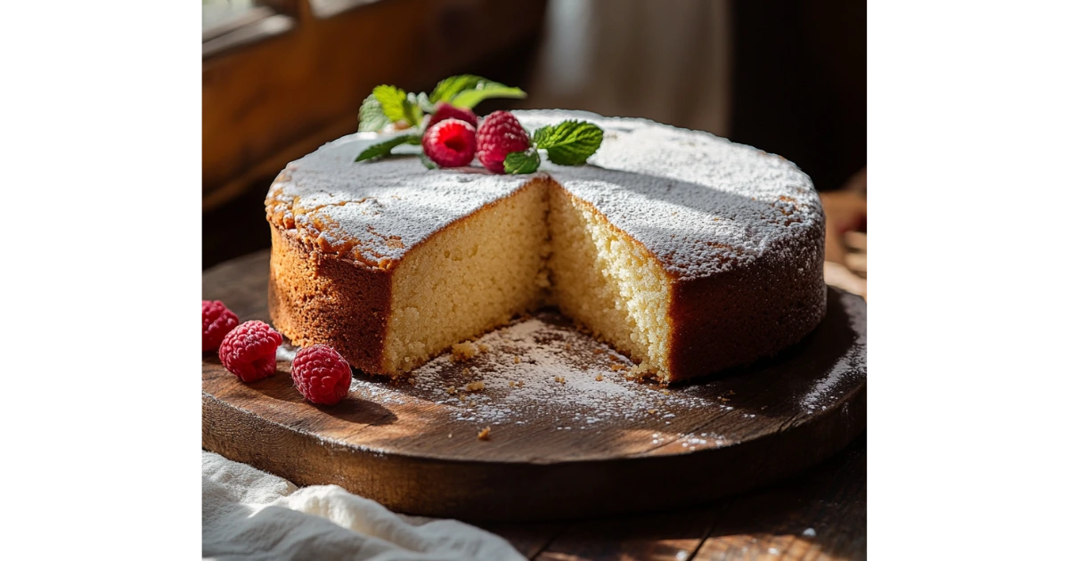 Golden almond flour cake topped with powdered sugar and lemon zest.