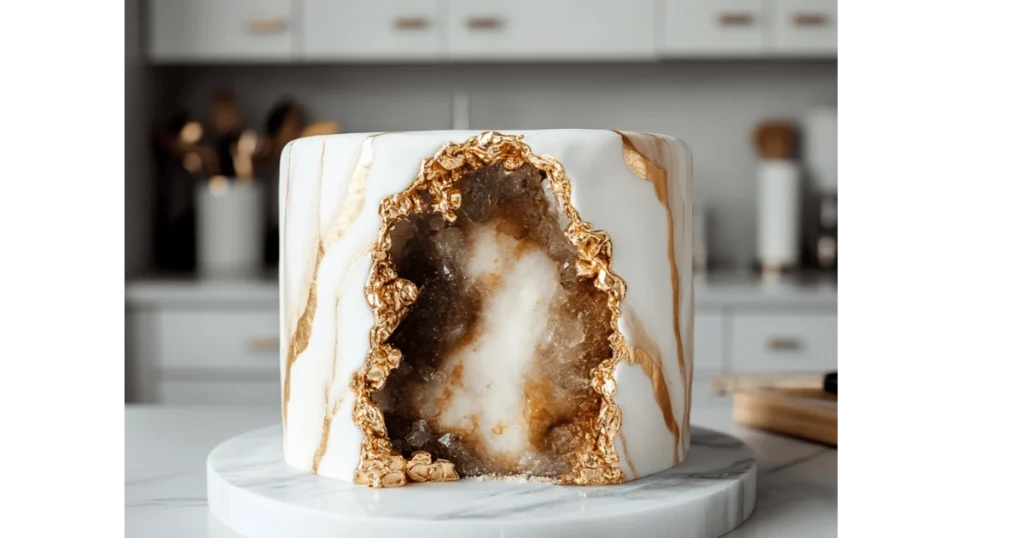 Realistic Geode Cake with Edible Crystals in a Modern Kitchen