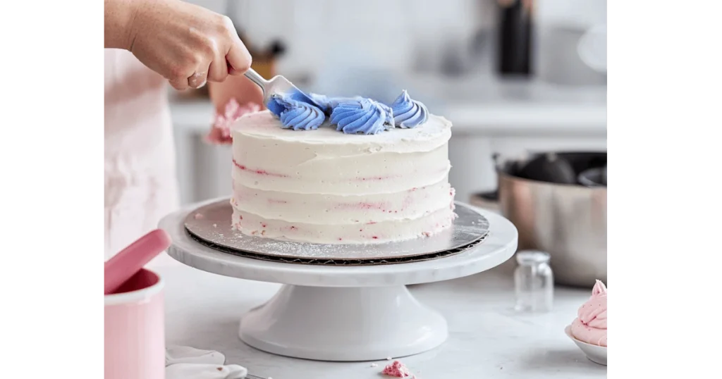 A two-layer cake being frosted with a crumb coat on a turntable, with a piping bag and frosting bowls nearby.