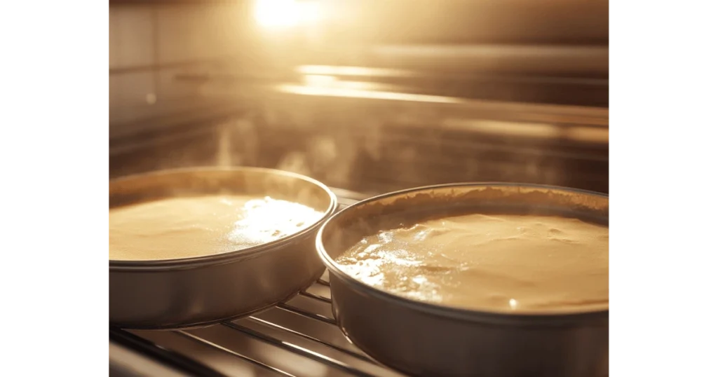 Two round cake pans filled with smooth batter, ready to be placed in a preheated oven.