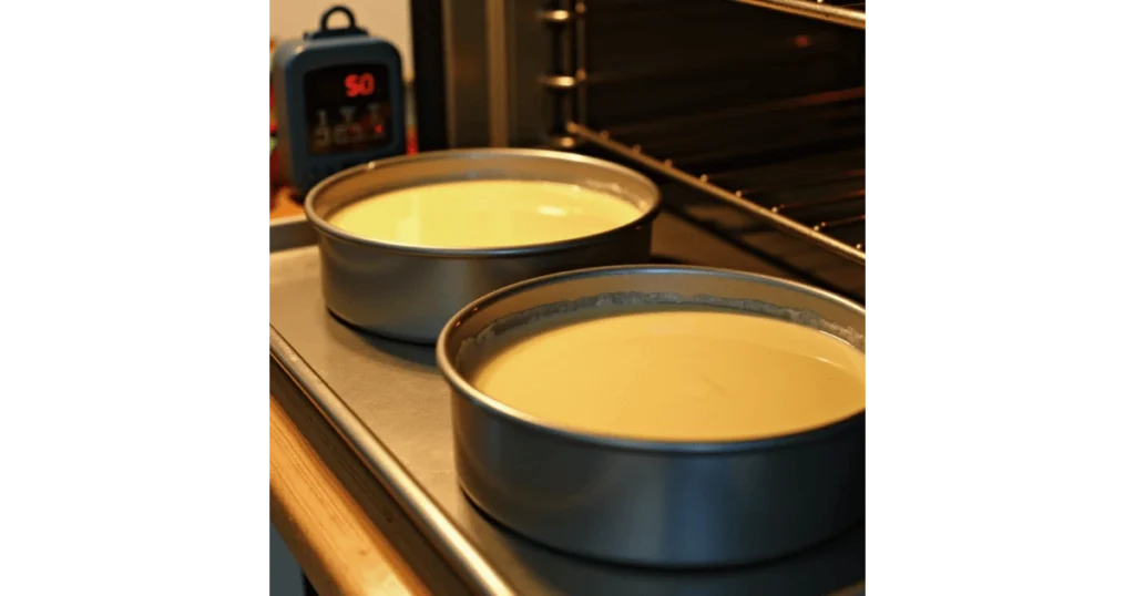 Two cake pans filled with golden batter, ready to be baked in a preheated oven.