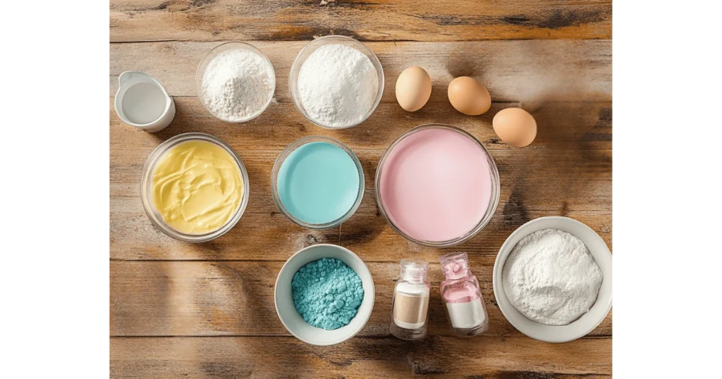 A flat lay of cake-making ingredients including flour, eggs, sugar, butter, vanilla, and colorful fondant on a wooden countertop.