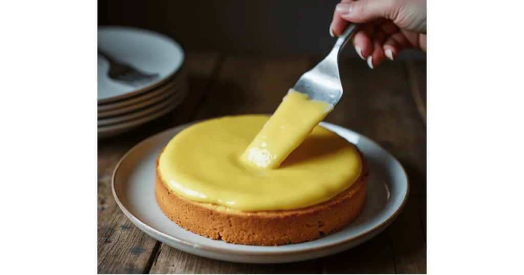 A saucepan on a stovetop with golden lemon curd being stirred, surrounded by lemon zest and butter.