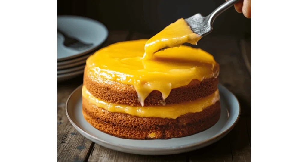 A saucepan on a stovetop with golden lemon curd being stirred, surrounded by lemon zest and butter 2.