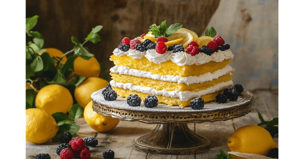 A Lemon Curd Cake dusted with powdered sugar, topped with fresh berries and whipped cream.