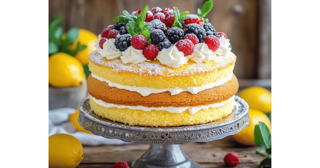 A Lemon Curd Cake dusted with powdered sugar, topped with fresh berries and whipped cream 2.