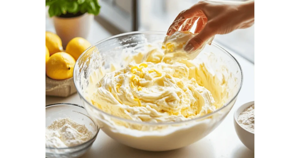 A mixing bowl with creamy cake batter, lemon zest, and juice being added, surrounded by dry ingredients.