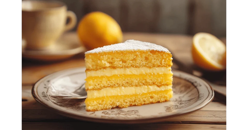 A slice of Lemon Curd Cake on a plate, served with a cup of tea or coffee.