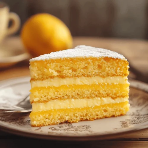 A slice of Lemon Curd Cake on a plate, served with a cup of tea or coffee.