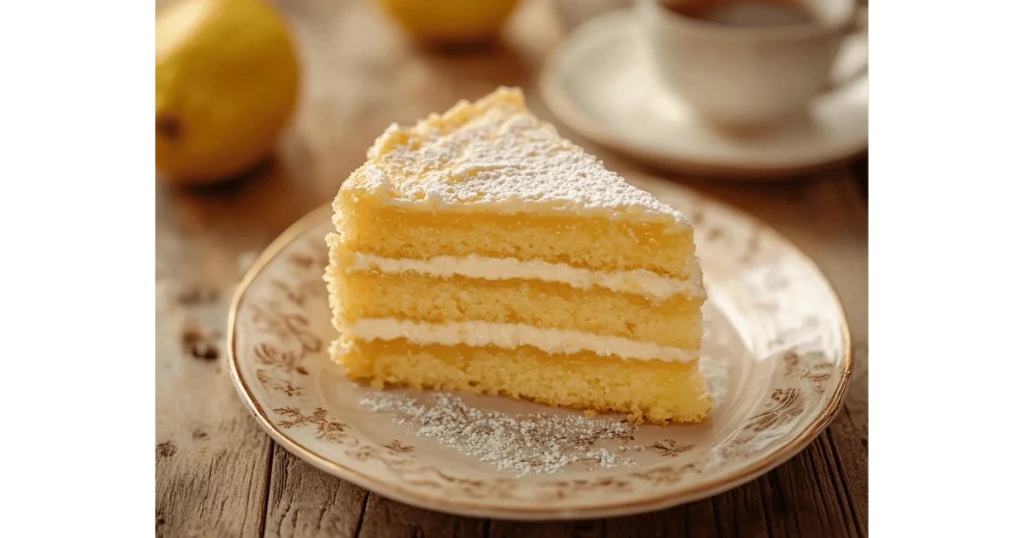 A slice of Lemon Curd Cake on a plate, served with a cup of tea or coffee 2.