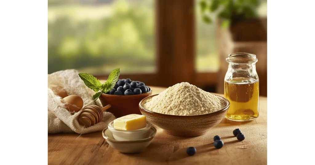 Ingredients for hoe cakes recipe including cornmeal, flour, buttermilk, egg, butter, and honey on a rustic kitchen counter.