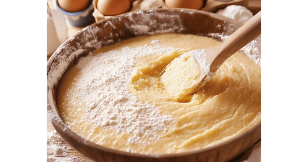 Close-up of golden batter being mixed in a bowl for hoe cakes recipe.