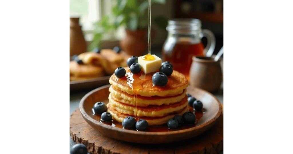 Stack of golden, crispy hoe cakes drizzled with maple syrup and topped with fresh blueberries on a rustic wooden plate.