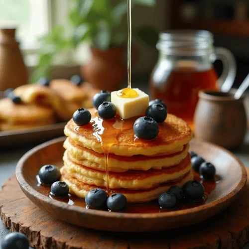 Stack of golden, crispy hoe cakes drizzled with maple syrup and topped with fresh blueberries on a rustic wooden plate.