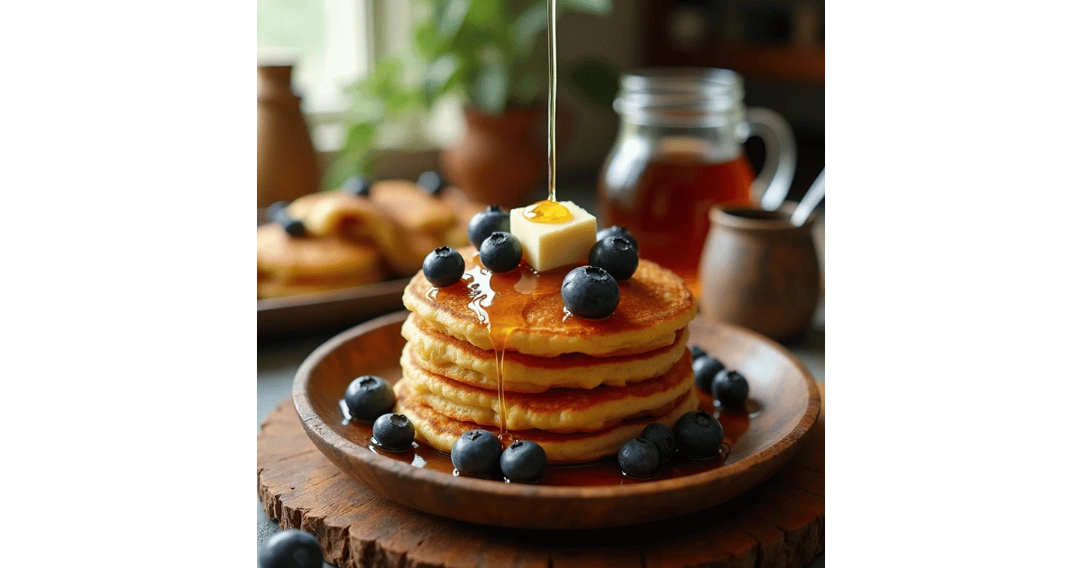 Stack of golden, crispy hoe cakes drizzled with maple syrup and topped with fresh blueberries on a rustic wooden plate.