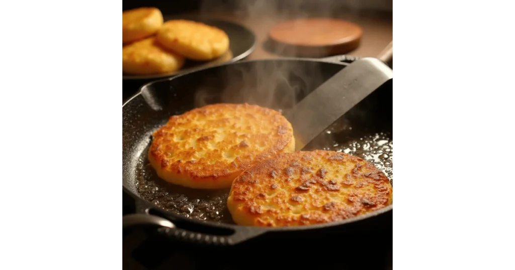 Golden hoe cake sizzling in a cast-iron skillet, ready to flip.