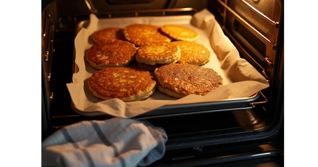 Stack of cooked hoe cakes on a baking sheet in a warm oven.