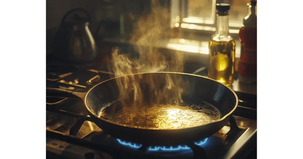 Cast-iron skillet heating on a stovetop for frying hoe cakes.