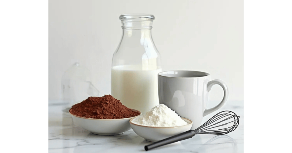 Ingredients for 3 Ingredient Mug Cake: flour, sugar, cocoa powder, and milk arranged neatly on a white countertop.