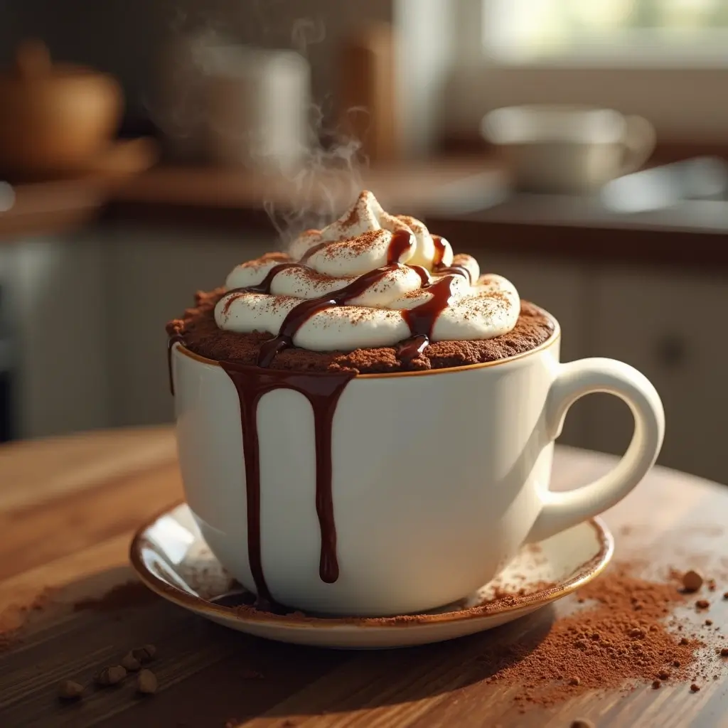 Warm chocolate 3 Ingredient Mug Cake in a white mug, topped with whipped cream and chocolate drizzle, on a rustic wooden table.