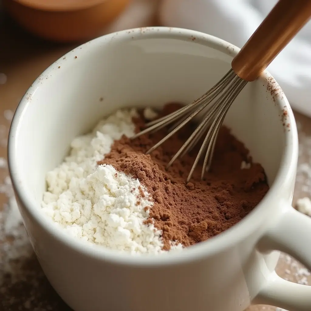 Close-up of dry ingredients for 3 Ingredient Mug Cake being mixed in a white mug.